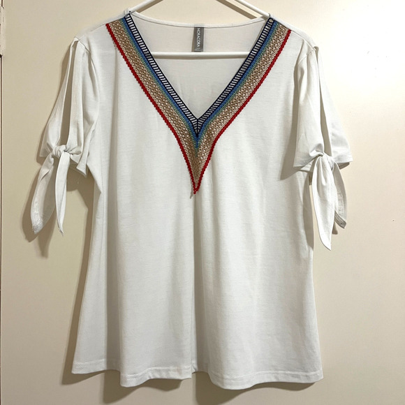 Embroidered Womens Top Sz L Western Boho Cowgirl Festival Tie Bow Sleeves Flowy - Picture 1 of 9